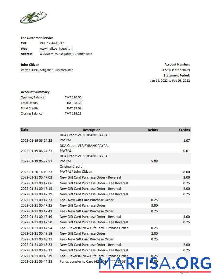 Blank Turkmenistan HalkBank bank statement excel real example